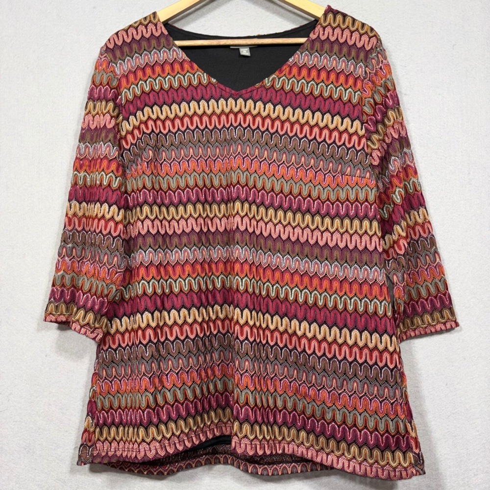 Roz & Ali Blouse Womens 2X Plus Chevron Knit V Neck 3/4 Sleeve Multicolor